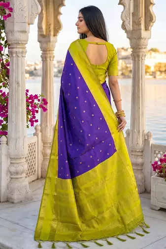 Purple & lime green zari woven banarasi silk blend saree