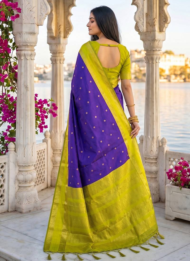 Purple & lime green zari woven banarasi silk blend saree