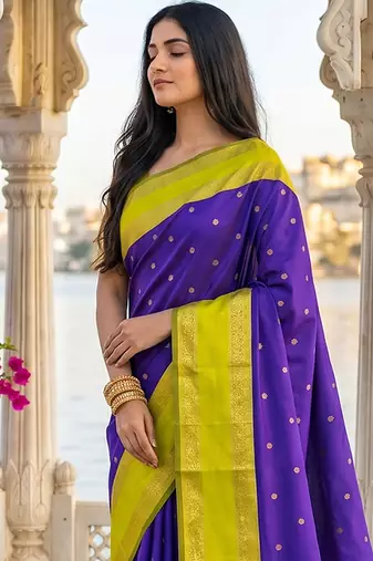 Purple & lime green zari woven banarasi silk blend saree
