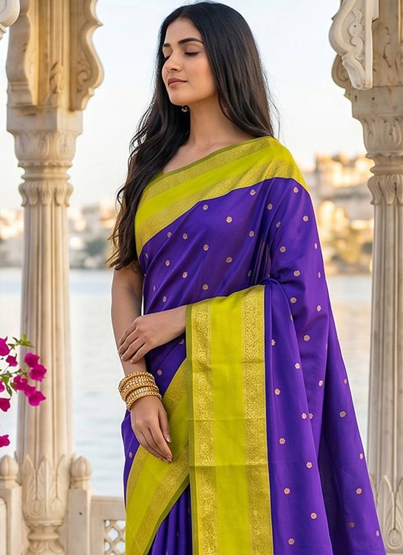 Purple & lime green zari woven banarasi silk blend saree
