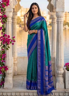 Teal & royal blue zari woven banarasi silk blend saree 1