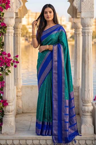 Teal & royal blue zari woven banarasi silk blend saree