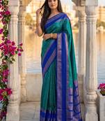 Teal & royal blue zari woven banarasi silk blend saree