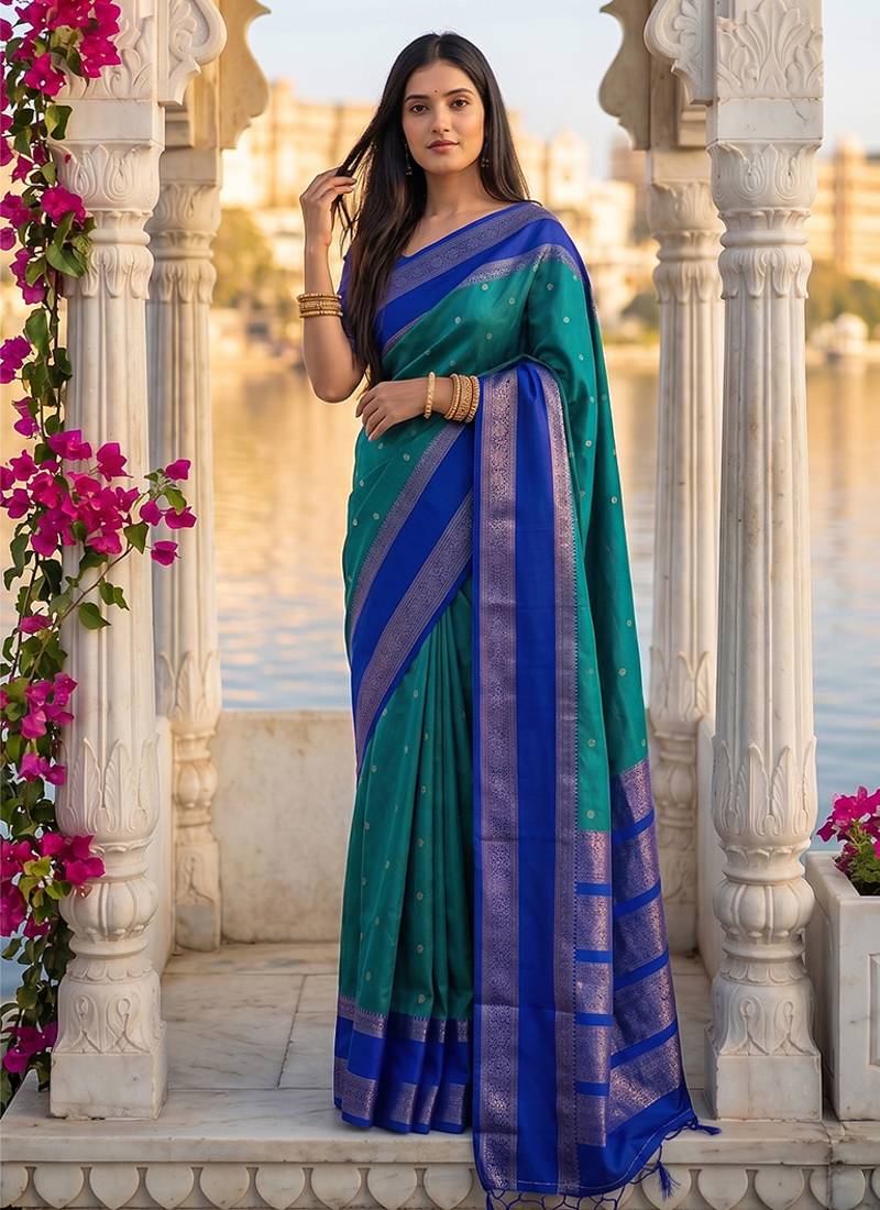 Teal & royal blue zari woven banarasi silk blend saree