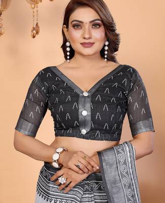 Soft linen cotton printed saree
with cotton tassles on pallu 
matching blouse 4