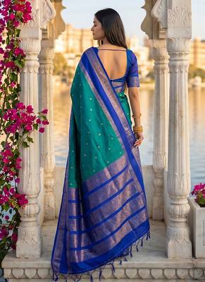 Teal & royal blue zari woven banarasi silk blend saree 2