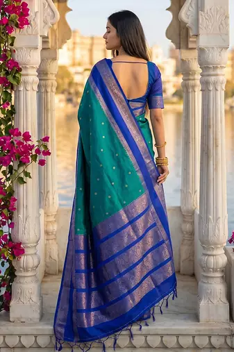 Teal & royal blue zari woven banarasi silk blend saree