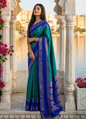 Teal & royal blue zari woven banarasi silk blend saree 3