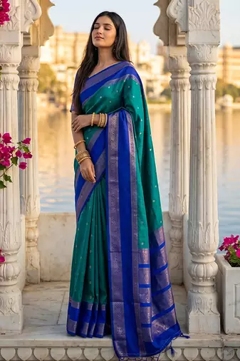 Teal & royal blue zari woven banarasi silk blend saree