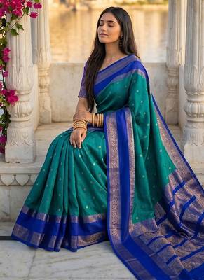 Teal & royal blue zari woven banarasi silk blend saree 4