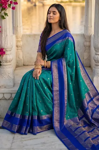 Teal & royal blue zari woven banarasi silk blend saree