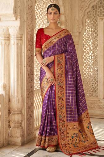 Purple banarasi silk blend saree with paithani floral pallu