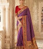 Purple banarasi silk blend saree with paithani floral pallu