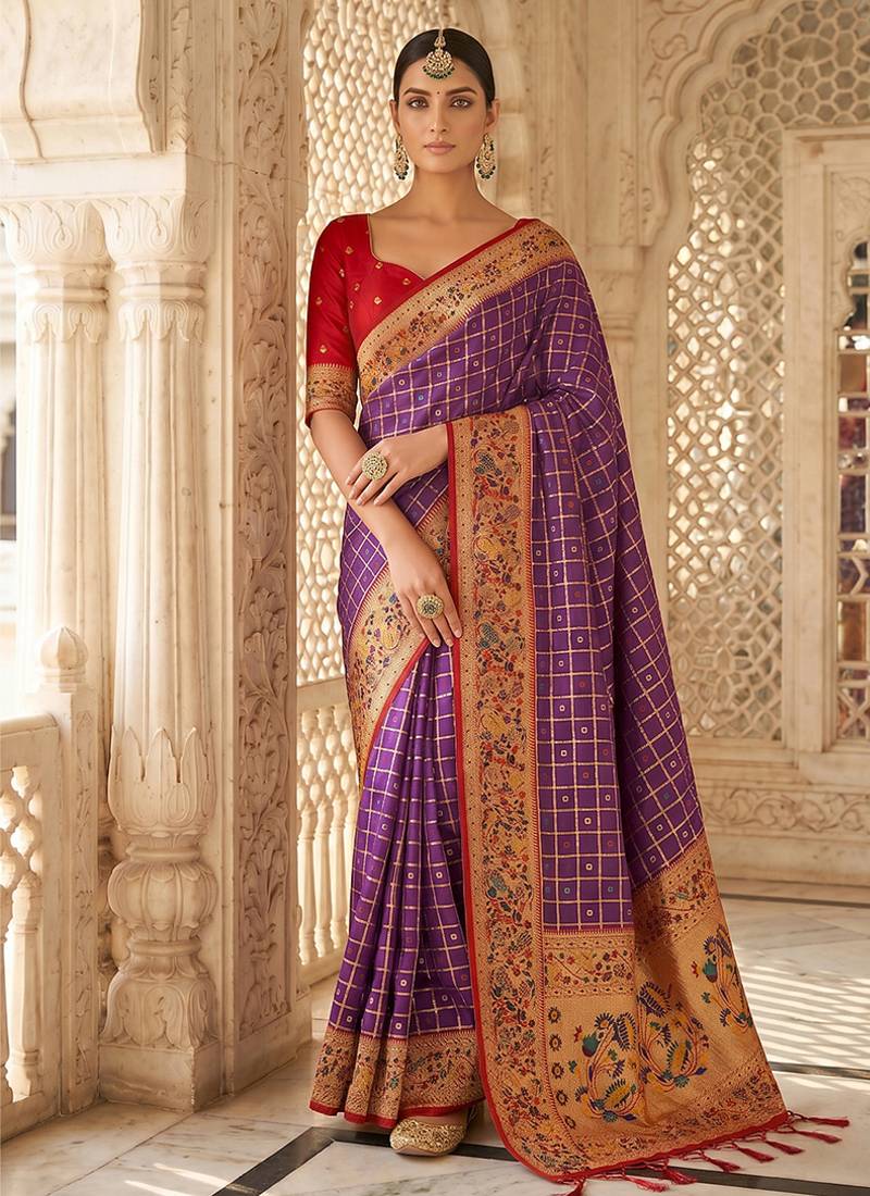 Purple banarasi silk blend saree with paithani floral pallu