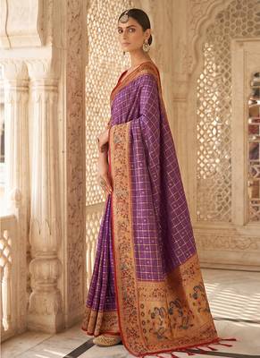 Purple banarasi silk blend saree with paithani floral pallu 2