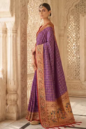 Purple banarasi silk blend saree with paithani floral pallu