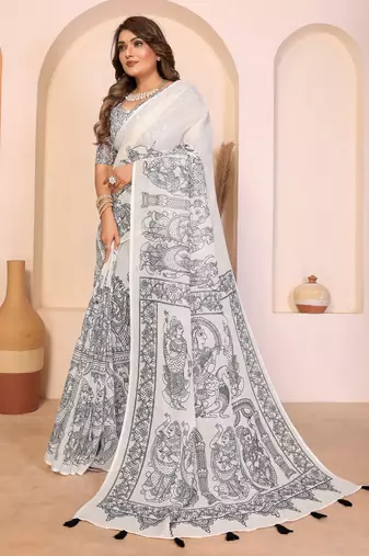 Soft linen cotton printed saree
with cotton tassles on pallu 
matching blouse