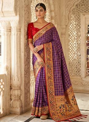 Purple banarasi silk blend saree with paithani floral pallu 3