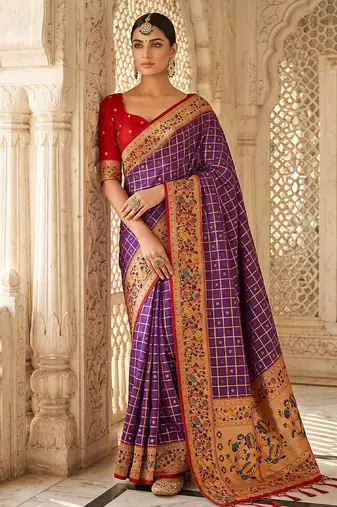 Purple banarasi silk blend saree with paithani floral pallu