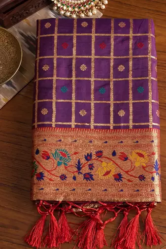 Purple banarasi silk blend saree with paithani floral pallu