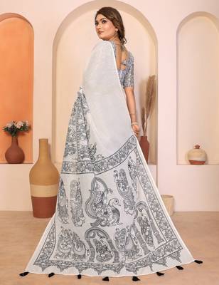 Soft linen cotton printed saree
with cotton tassles on pallu 
matching blouse 3
