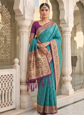 Aqua blue banarasi silk blend saree with paithani floral pallu 1