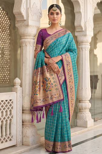 Aqua blue banarasi silk blend saree with paithani floral pallu