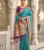 Aqua blue banarasi silk blend saree with paithani floral pallu