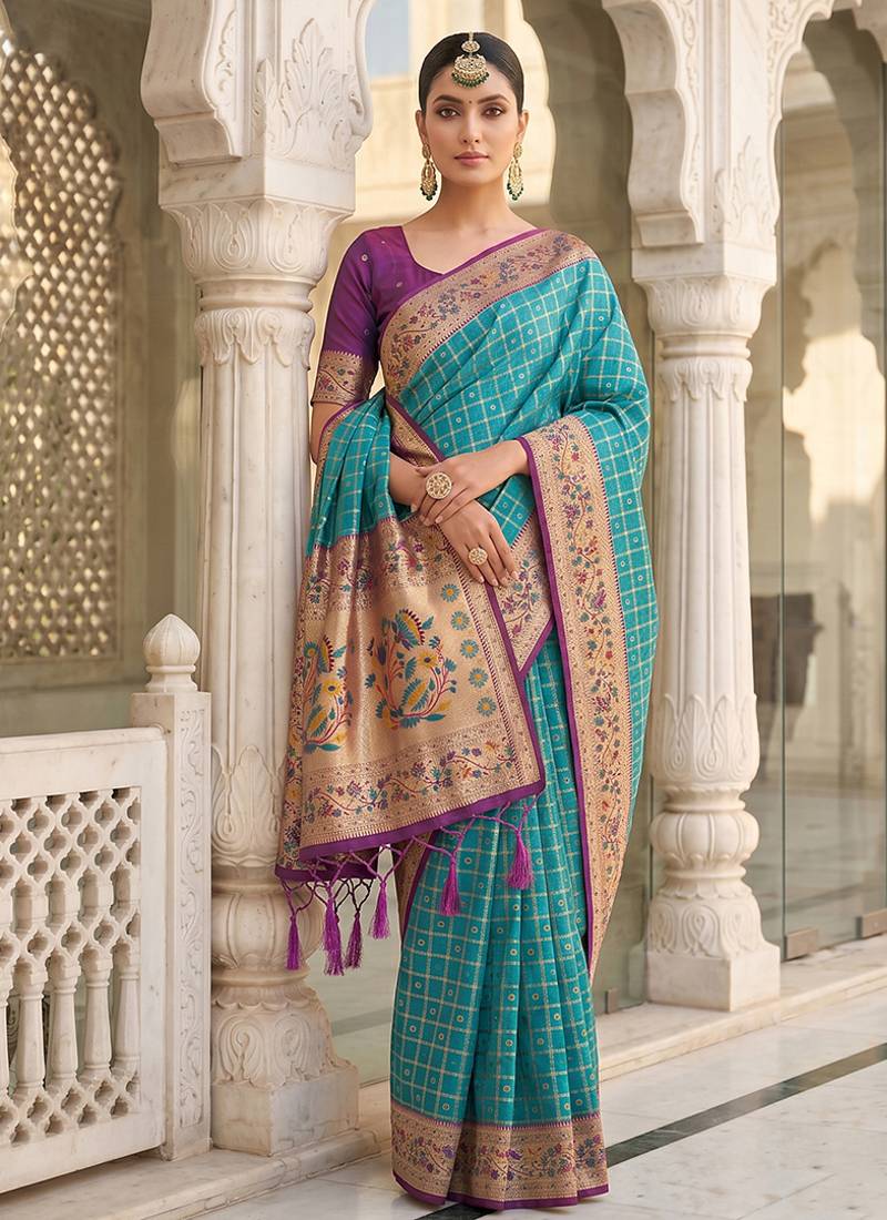 Aqua blue banarasi silk blend saree with paithani floral pallu
