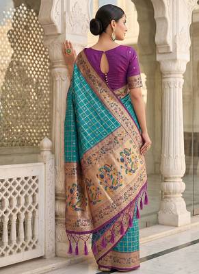 Aqua blue banarasi silk blend saree with paithani floral pallu 2