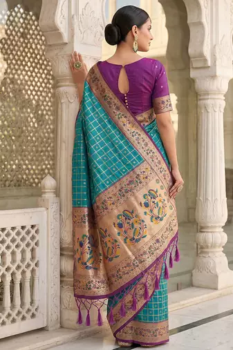 Aqua blue banarasi silk blend saree with paithani floral pallu