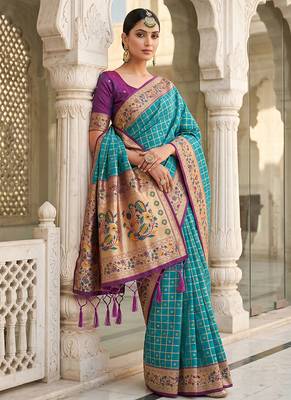 Aqua blue banarasi silk blend saree with paithani floral pallu 3