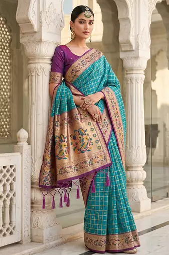 Aqua blue banarasi silk blend saree with paithani floral pallu