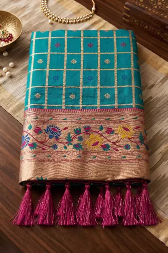 Aqua blue banarasi silk blend saree with paithani floral pallu