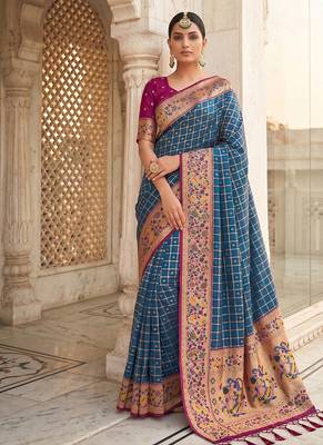 Steel blue banarasi silk blend saree with paithani floral pallu 1