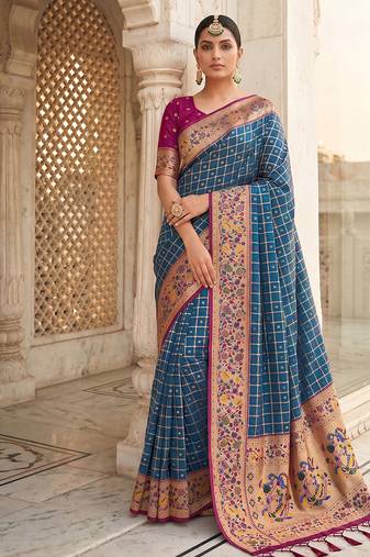 Steel blue banarasi silk blend saree with paithani floral pallu