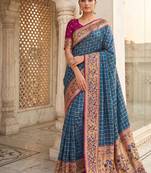 Steel blue banarasi silk blend saree with paithani floral pallu