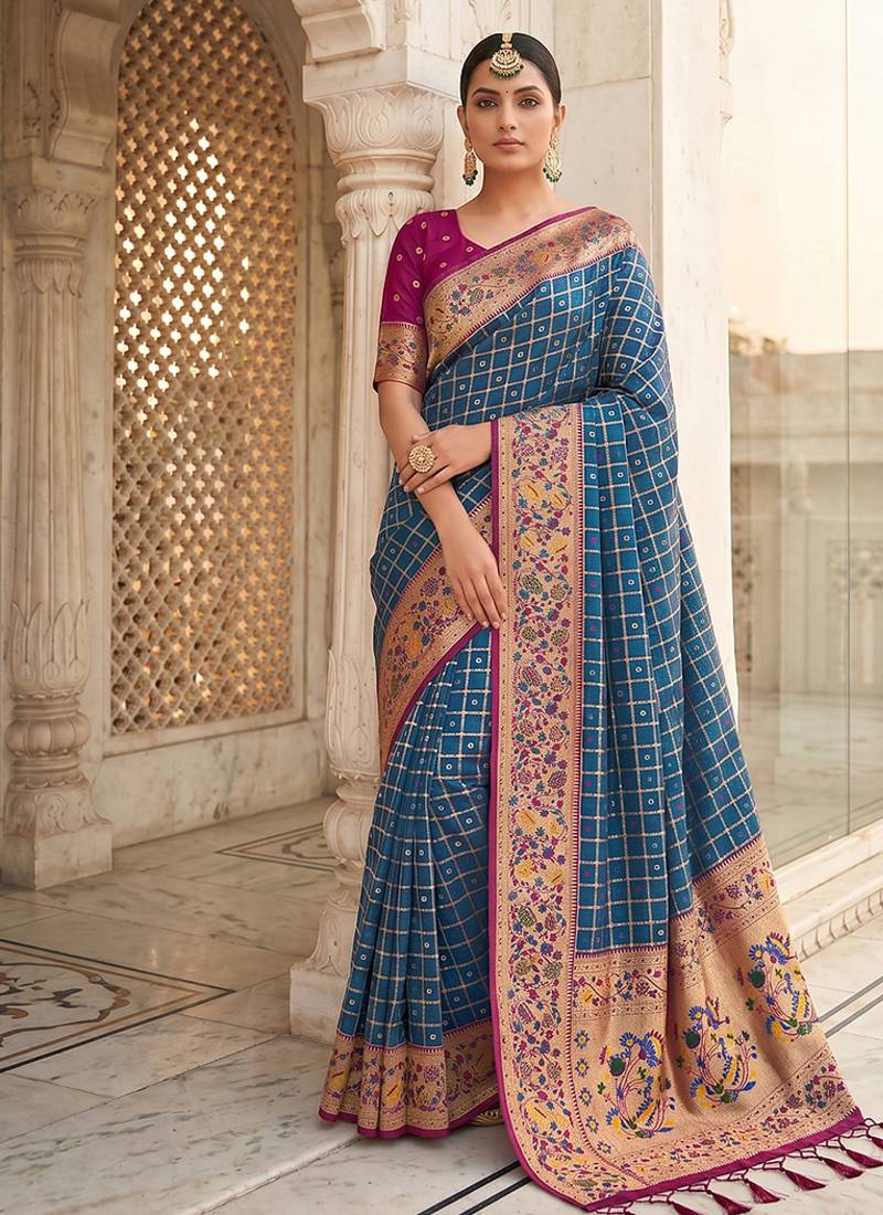 Steel blue banarasi silk blend saree with paithani floral pallu