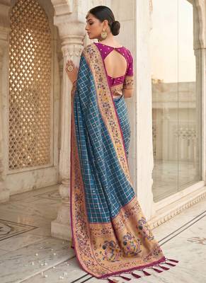 Steel blue banarasi silk blend saree with paithani floral pallu 2