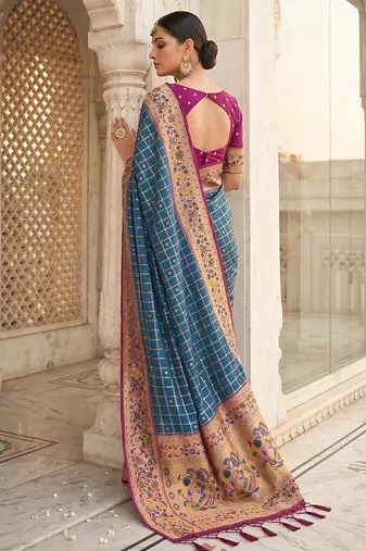 Steel blue banarasi silk blend saree with paithani floral pallu