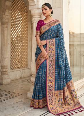 Steel blue banarasi silk blend saree with paithani floral pallu 3