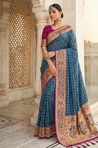 Steel blue banarasi silk blend saree with paithani floral pallu