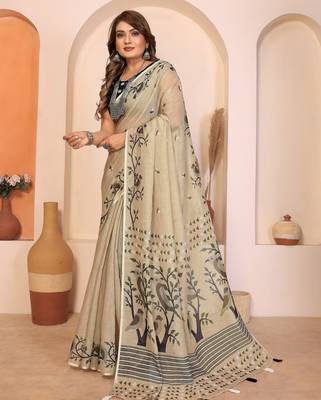 Soft linen cotton printed saree
with cotton tassles on pallu 
matching blouse 2