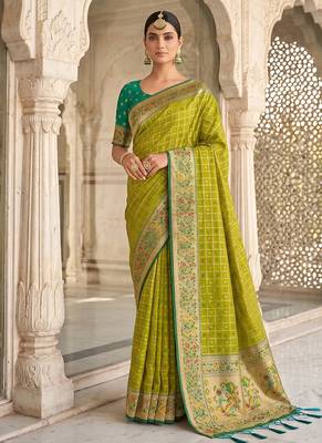 Olive green banarasi silk blend saree with paithani floral pallu 1