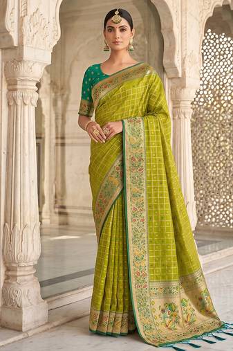 Olive green banarasi silk blend saree with paithani floral pallu
