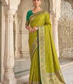Olive green banarasi silk blend saree with paithani floral pallu