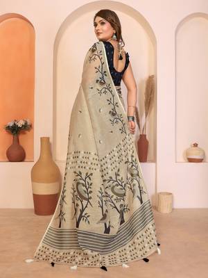 Soft linen cotton printed saree
with cotton tassles on pallu 
matching blouse 3