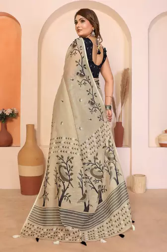 Soft linen cotton printed saree
with cotton tassles on pallu 
matching blouse