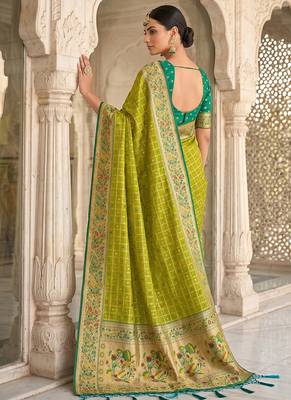 Olive green banarasi silk blend saree with paithani floral pallu 2