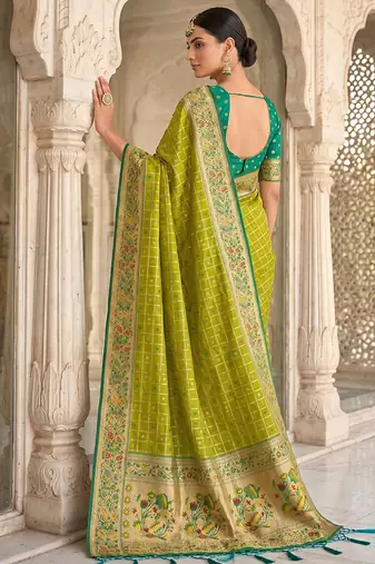 Olive green banarasi silk blend saree with paithani floral pallu